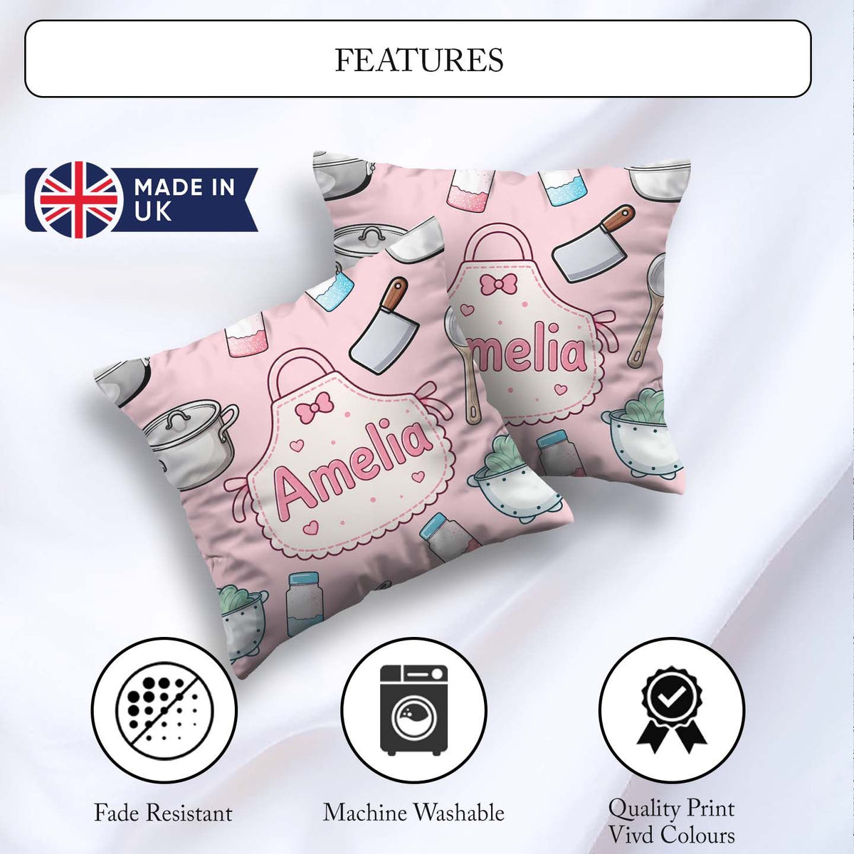 Custom Name Kawaii Utensils Apron and Cooking Tools on Soft Pink Square Filled Cushion Throw Pillow Sofa Bed Home Decor Zip Washable UK Made