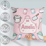 Custom Name Kawaii Utensils Apron and Cooking Tools on Soft Pink Square Filled Cushion Throw Pillow Sofa Bed Home Decor Zip Washable UK Made