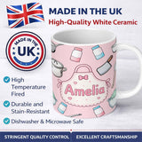 Personalized Custom Name Kawaii Kitchen Utensils Apron and Cooking Tools on Soft Pink 11oz Ceramic Coffee Tea Mug White Large Handle