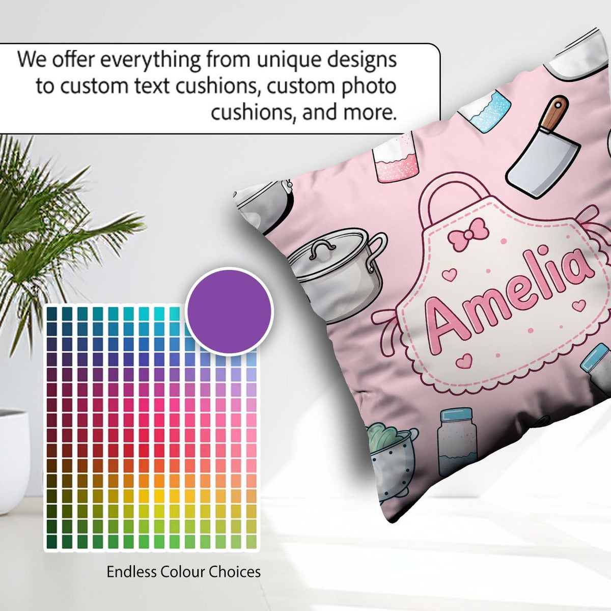 Custom Name Kawaii Utensils Apron and Cooking Tools on Soft Pink Square Filled Cushion Throw Pillow Sofa Bed Home Decor Zip Washable UK Made
