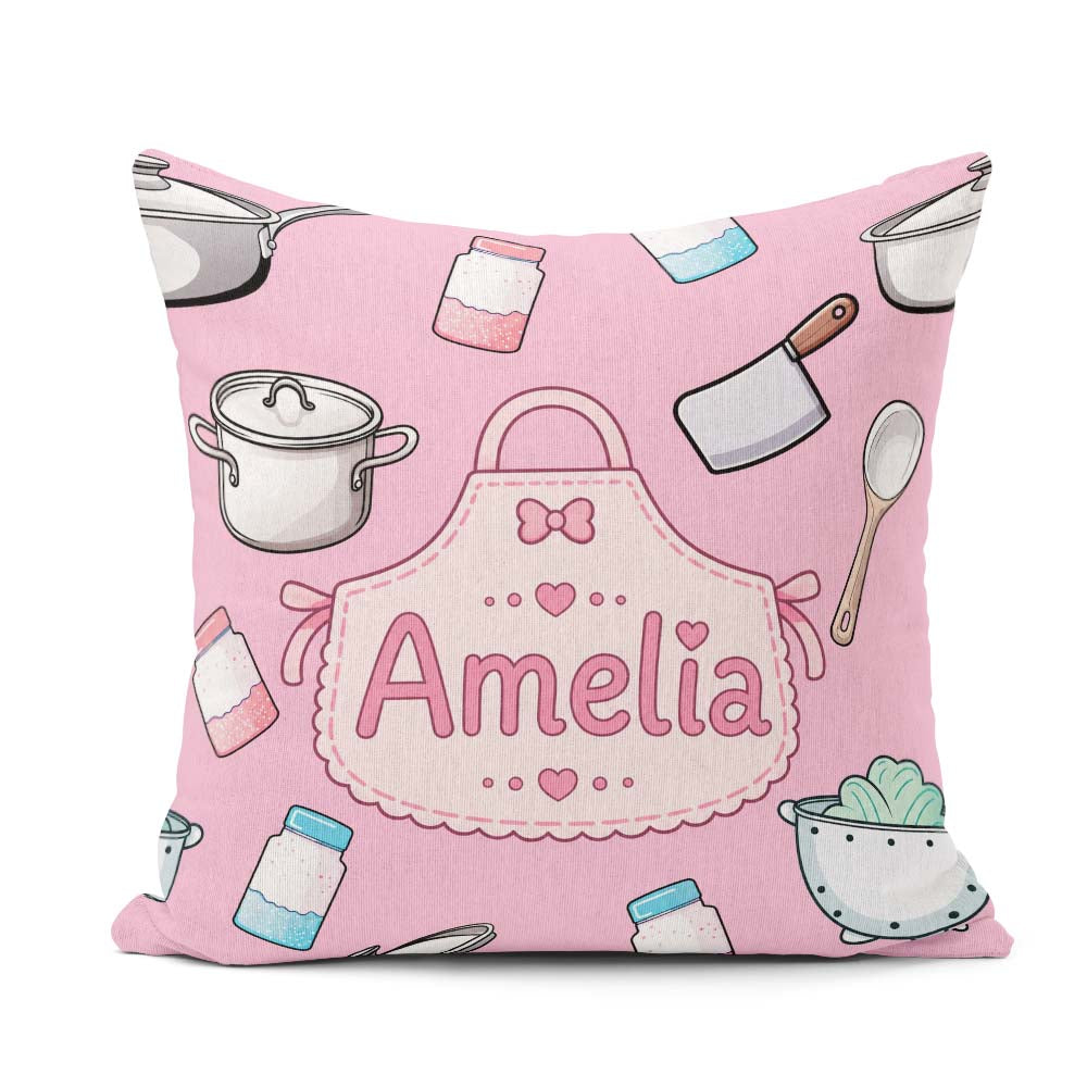 Custom Name Kawaii Utensils Apron and Cooking Tools Blush Pink Square Filled Cushion Throw Pillow Sofa Bed Home Decor Zip Washable UK Made