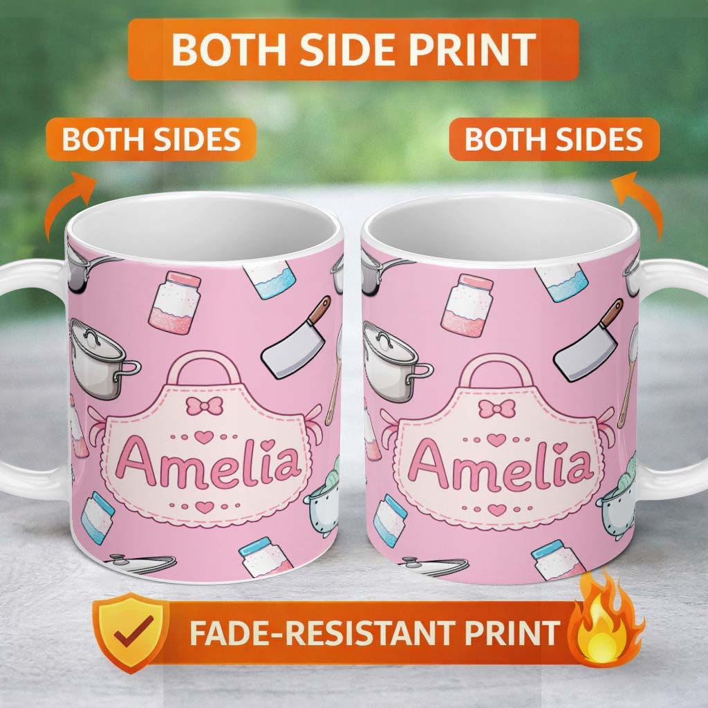 Personalized Custom Name Kawaii Kitchen Utensils Apron and Cooking Tools on Blush Pink 11oz Ceramic Coffee Tea Mug White Large Handle