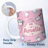 Personalized Custom Name Kawaii Kitchen Utensils Apron and Cooking Tools on Blush Pink 11oz Ceramic Coffee Tea Mug White Large Handle