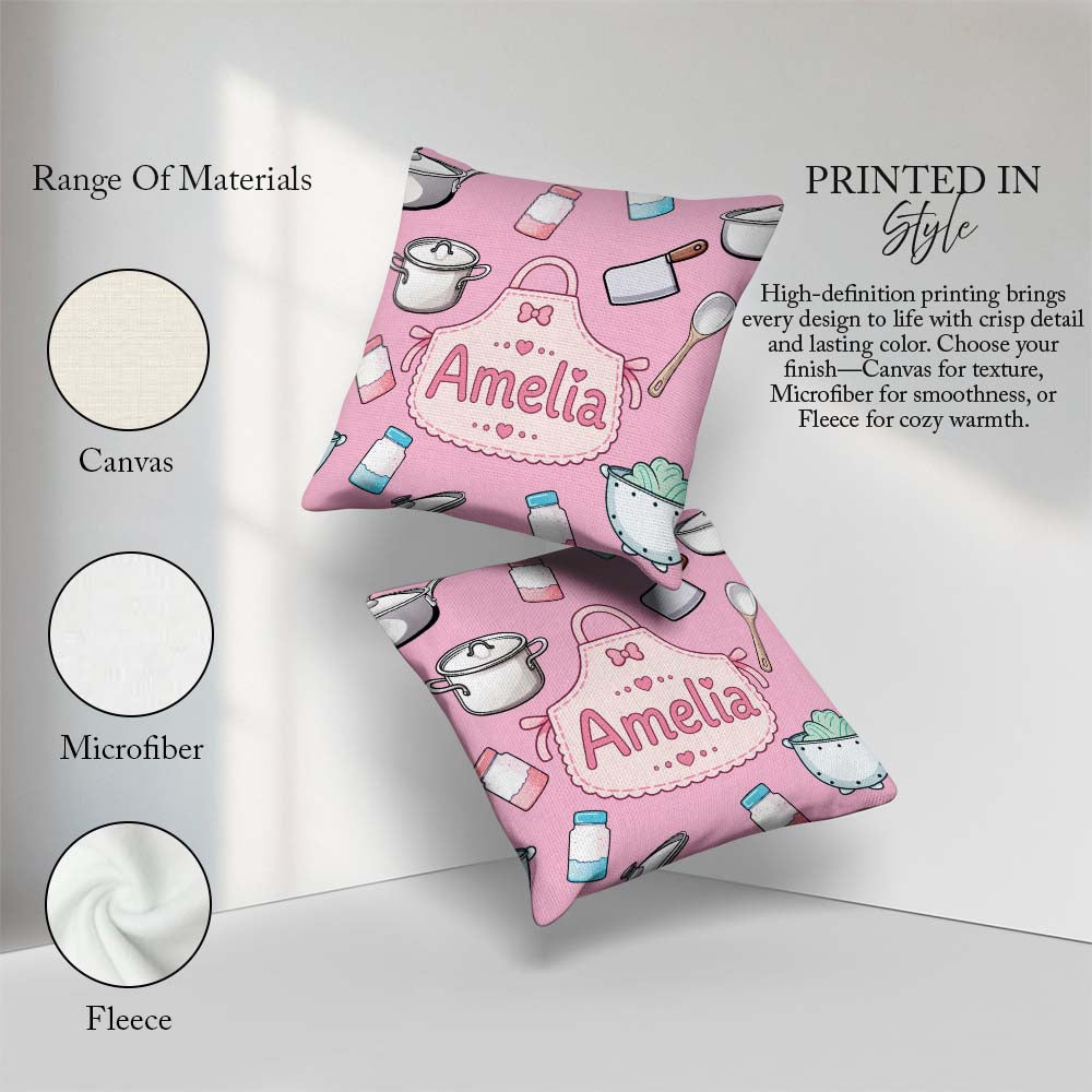 Custom Name Kawaii Utensils Apron and Cooking Tools Blush Pink Square Filled Cushion Throw Pillow Sofa Bed Home Decor Zip Washable UK Made