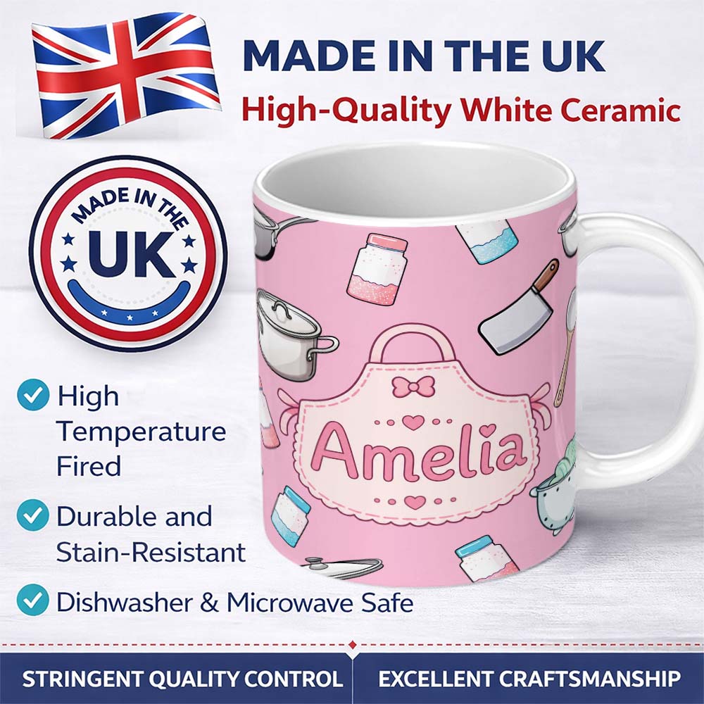 Personalized Custom Name Kawaii Kitchen Utensils Apron and Cooking Tools on Blush Pink 11oz Ceramic Coffee Tea Mug White Large Handle