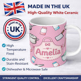 Personalized Custom Name Kawaii Kitchen Utensils Apron and Cooking Tools on Blush Pink 11oz Ceramic Coffee Tea Mug White Large Handle
