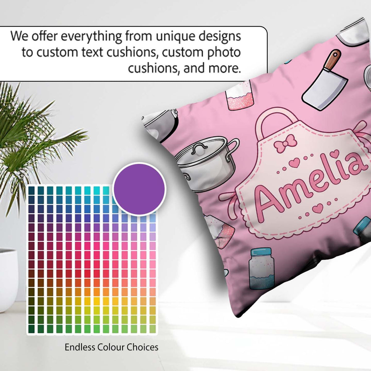 Custom Name Kawaii Utensils Apron and Cooking Tools Blush Pink Square Filled Cushion Throw Pillow Sofa Bed Home Decor Zip Washable UK Made