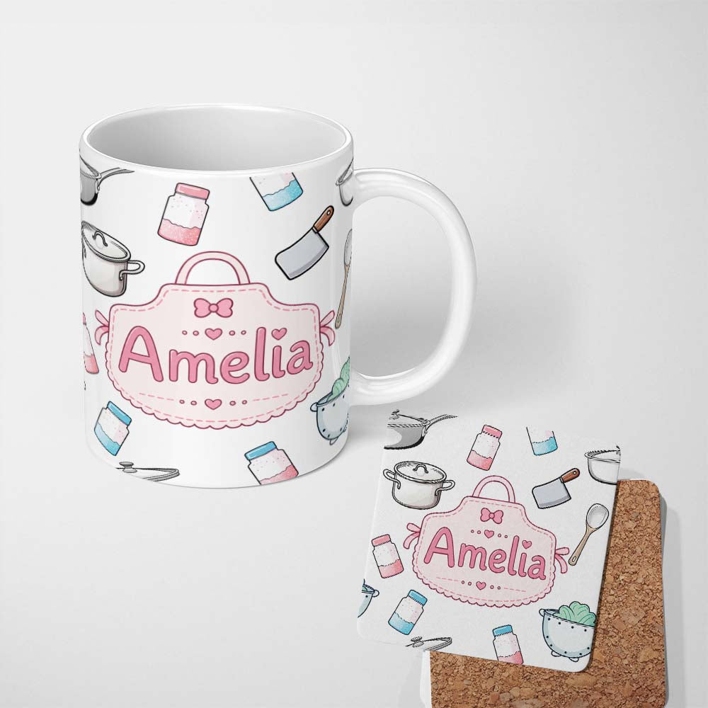 Personalized Custom Name Kawaii Kitchen Utensils Apron and Cooking Tools on Light Grey 11oz Ceramic Coffee Tea Mug White Large Handle