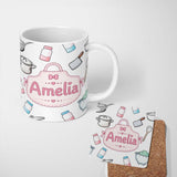 Personalized Custom Name Kawaii Kitchen Utensils Apron and Cooking Tools on Light Grey 11oz Ceramic Coffee Tea Mug White Large Handle