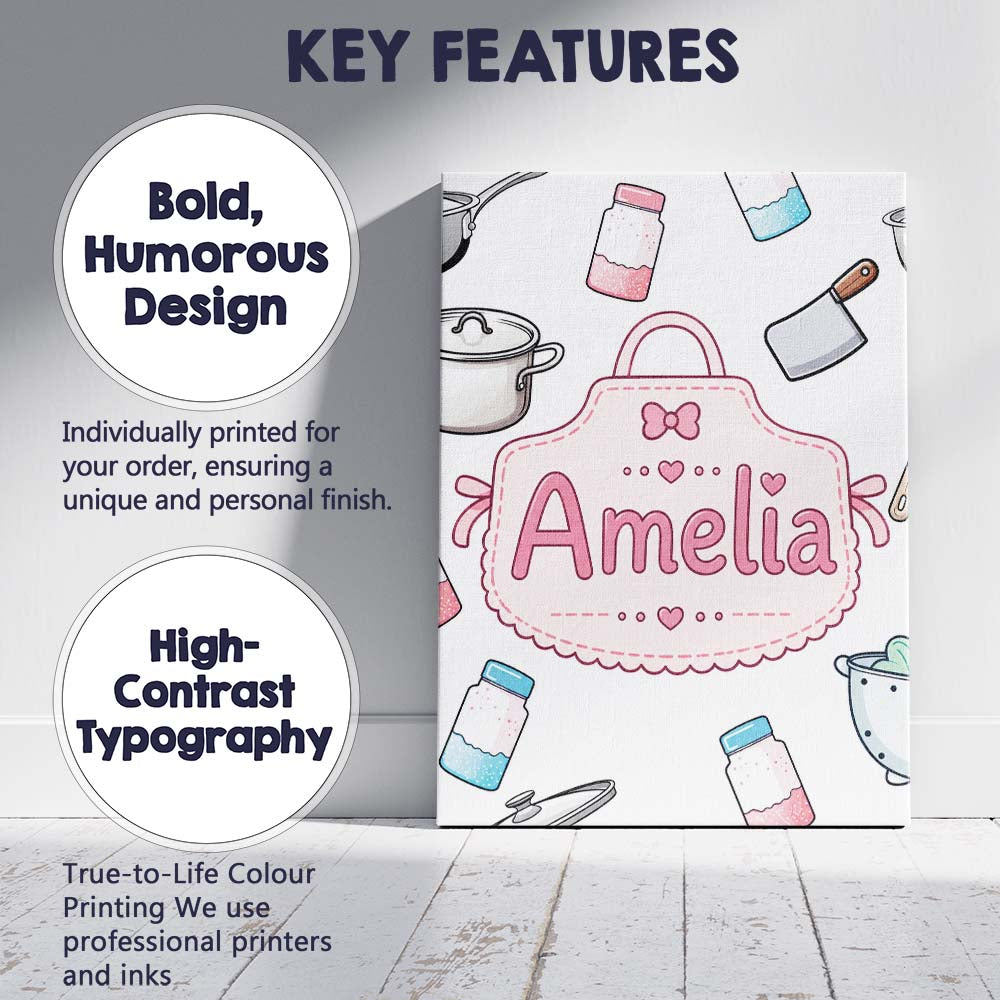 Personalised Name Kawaii Utensils Apron and Custom  Bespoke Interior Contemporary Canvas Wall Art Print Decor Picture Ready to Hang