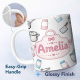 Personalized Custom Name Kawaii Kitchen Utensils Apron and Cooking Tools on Light Grey 11oz Ceramic Coffee Tea Mug White Large Handle