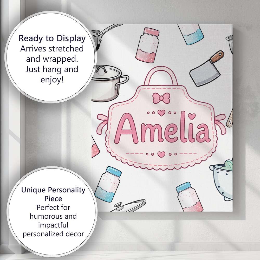 Personalised Name Kawaii Utensils Apron and Custom  Bespoke Interior Contemporary Canvas Wall Art Print Decor Picture Ready to Hang