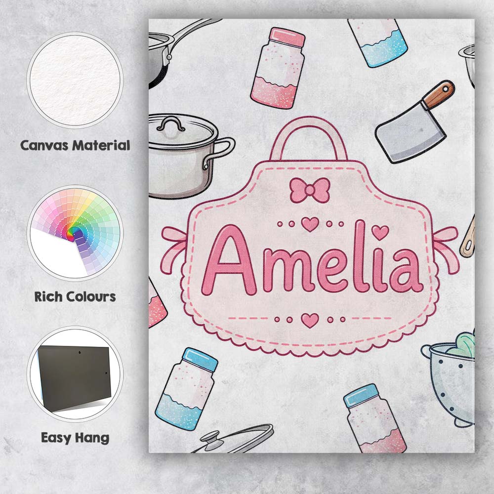 Personalised Name Kawaii Utensils Apron and Custom  Bespoke Interior Contemporary Canvas Wall Art Print Decor Picture Ready to Hang
