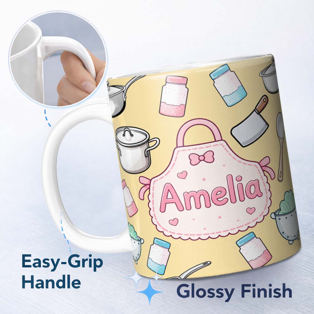 Personalized Custom Name Kawaii Kitchen Utensils Apron and Cooking Tools on Yellow Seamless 11oz Ceramic Coffee Tea Mug White Large Handle