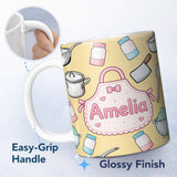 Personalized Custom Name Kawaii Kitchen Utensils Apron and Cooking Tools on Yellow Seamless 11oz Ceramic Coffee Tea Mug White Large Handle