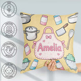Custom Name Kawaii Utensils Apron and Cooking on Yellow Seamless Square Filled Cushion Throw Pillow Sofa Bed Home Decor Zip Washable UK Made