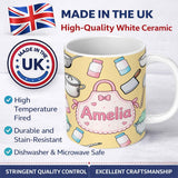 Personalized Custom Name Kawaii Kitchen Utensils Apron and Cooking Tools on Yellow Seamless 11oz Ceramic Coffee Tea Mug White Large Handle