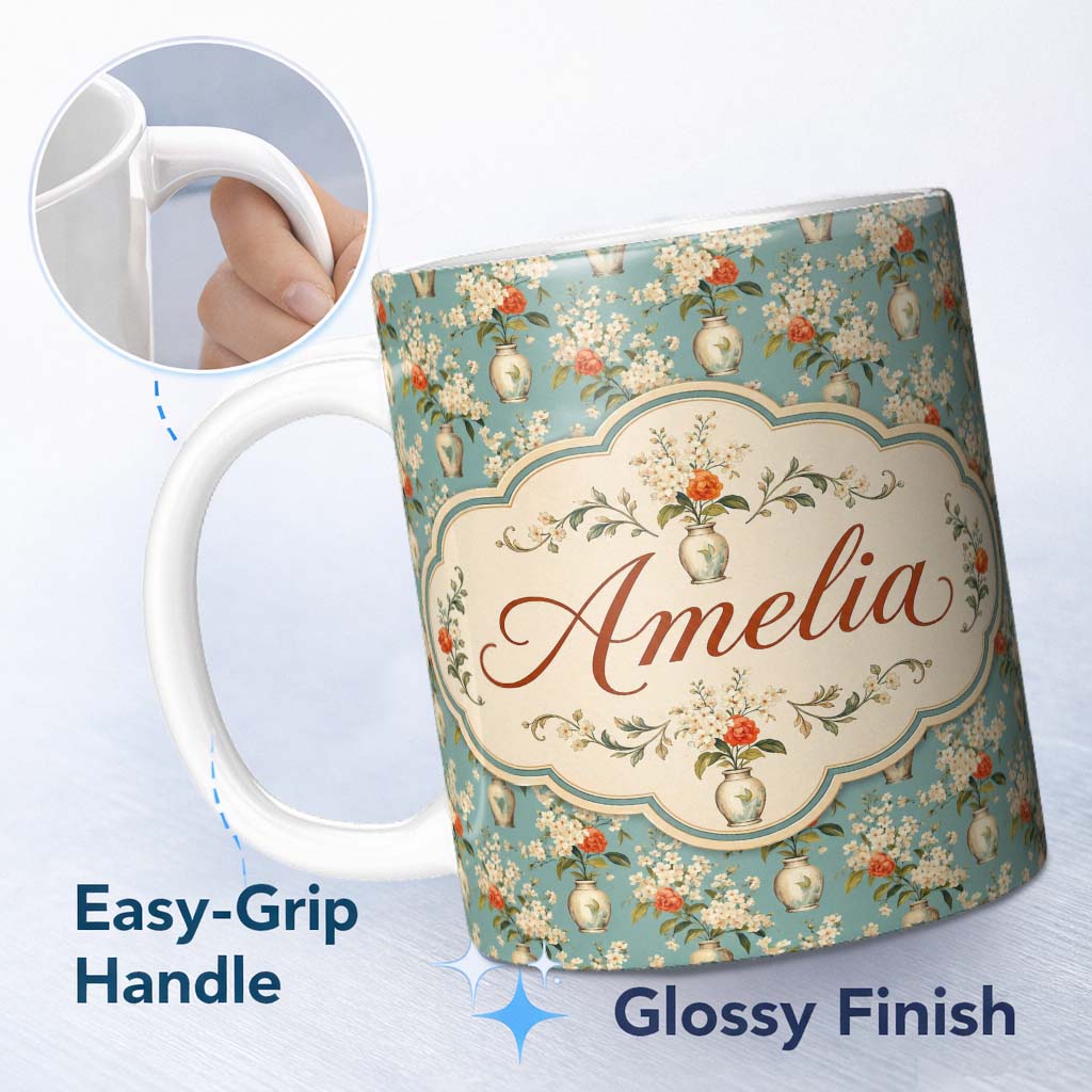 Personalized Custom Name Delicate Blossom Branches in Ceramic Vases Soft Blue Background 11oz Ceramic Coffee Tea Mug White Large Handle