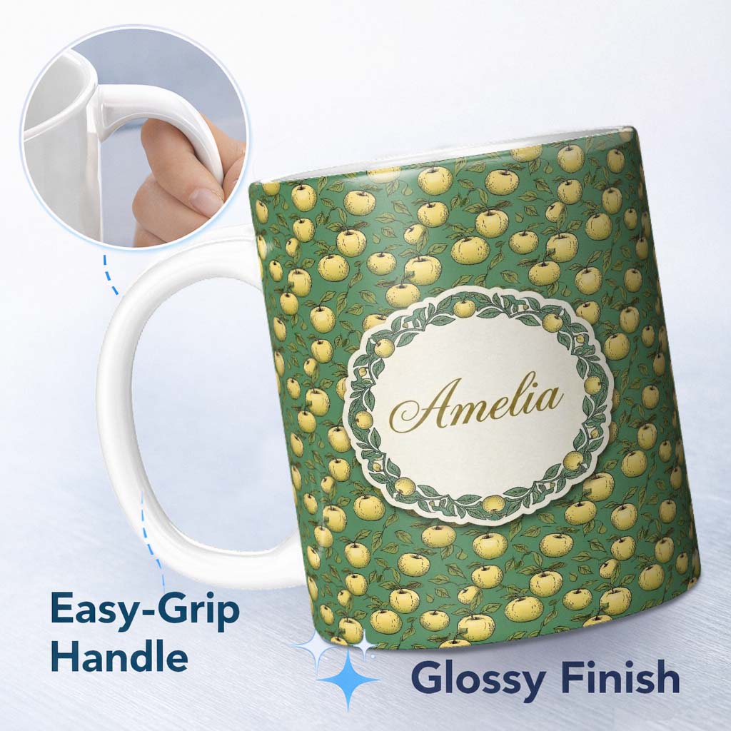 Personalized Custom Name Vintage Yellow Apples with Leaves on Green Background Seamless 11oz Ceramic Coffee Tea Mug White Large Handle