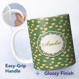 Personalized Custom Name Vintage Yellow Apples with Leaves on Green Background Seamless 11oz Ceramic Coffee Tea Mug White Large Handle