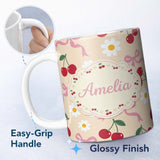 Personalized Custom Name Cute Cherry Bow and Daisy Seamless Pattern on Beige Cute Unique Gift 11oz Ceramic Coffee Tea Mug White Large Handle