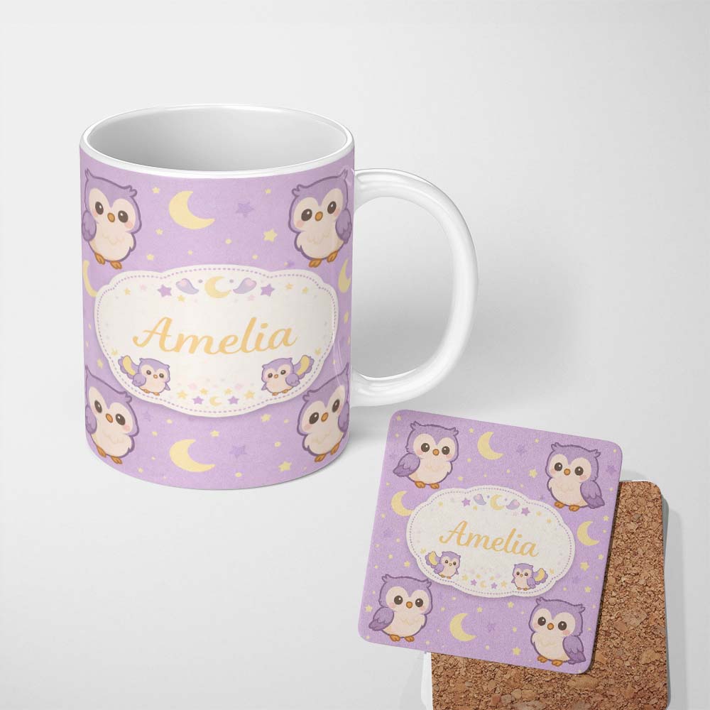Personalized Custom Name Cute Night Owl Moon Cartoon Animal Pattern Charming Kitchen Decor 11oz Ceramic Coffee Tea Mug White Large Handle
