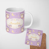 Personalized Custom Name Cute Night Owl Moon Cartoon Animal Pattern Charming Kitchen Decor 11oz Ceramic Coffee Tea Mug White Large Handle
