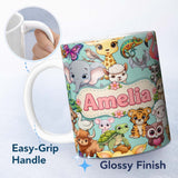 Personalized Custom Name Cute Cartoon Jungle Safari Animals Seamless Pattern on Teal Lovely 11oz Ceramic Coffee Tea Mug White Large Handle