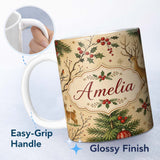 Personalized Custom Name Winter Deer Forest Holly Berries Nature Seamless Pattern Lovely 11oz Ceramic Coffee Tea Mug White Large Handle