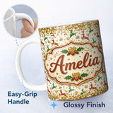 Personalized Custom Name Festive Reindeer Heart Gold Glitter Christmas Seamless Pattern 11oz Ceramic Coffee Tea Mug White Large Handle