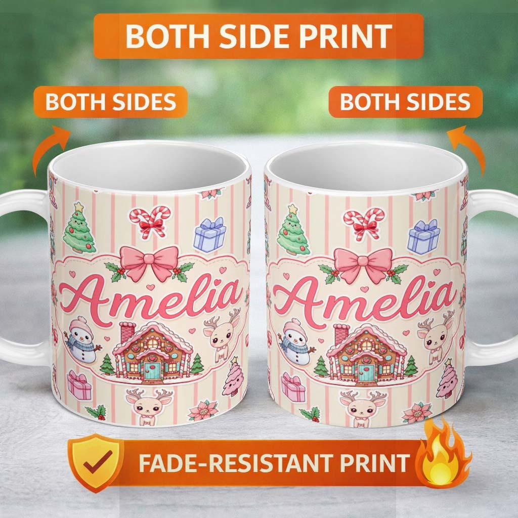 Personalized Custom Name Cute Christmas Festive Stickers Gingerbread House Tree Cream Stripe 11oz Ceramic Coffee Tea Mug White Large Handle