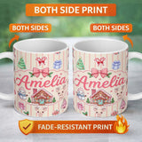 Personalized Custom Name Cute Christmas Festive Stickers Gingerbread House Tree Cream Stripe 11oz Ceramic Coffee Tea Mug White Large Handle
