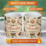 Personalized Custom Name Vintage Christmas Baubles Holly Leaves and Winter Elements Classic 11oz Ceramic Coffee Tea Mug White Large Handle