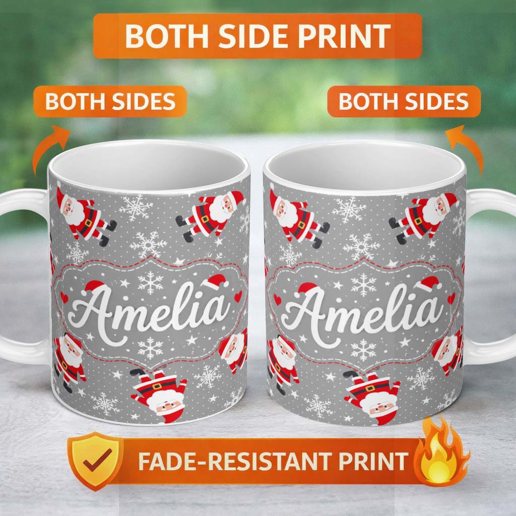 Personalized Custom Name Cute Santa Claus Snowflake Winter Seamless Pattern Cute Unique Gift 11oz Ceramic Coffee Tea Mug White Large Handle