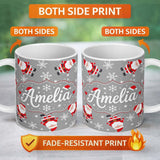 Personalized Custom Name Cute Santa Claus Snowflake Winter Seamless Pattern Cute Unique Gift 11oz Ceramic Coffee Tea Mug White Large Handle