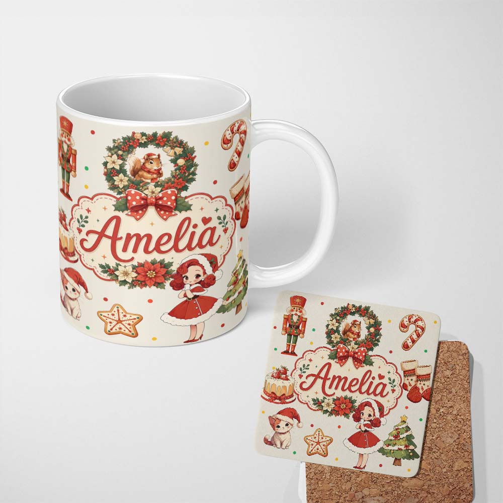 Personalized Custom Name Cute Christmas Nutcracker Wreath Cake Candy Cane Girl Tree Cream 11oz Ceramic Coffee Tea Mug White Large Handle