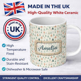 Personalized Custom Name Pastel Christmas Trees Scandinavian Neutral Seamless Pattern Lovely 11oz Ceramic Coffee Tea Mug White Large Handle