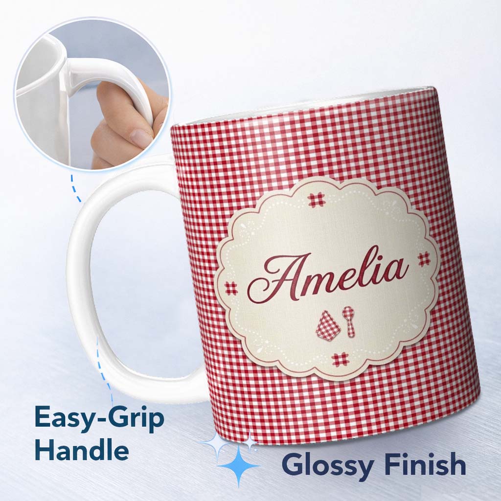 Personalized Custom Name Classic Navy Blue Gingham Check Seamless Pattern Cute Unique Gift 11oz Ceramic Coffee Tea Mug White Large Handle