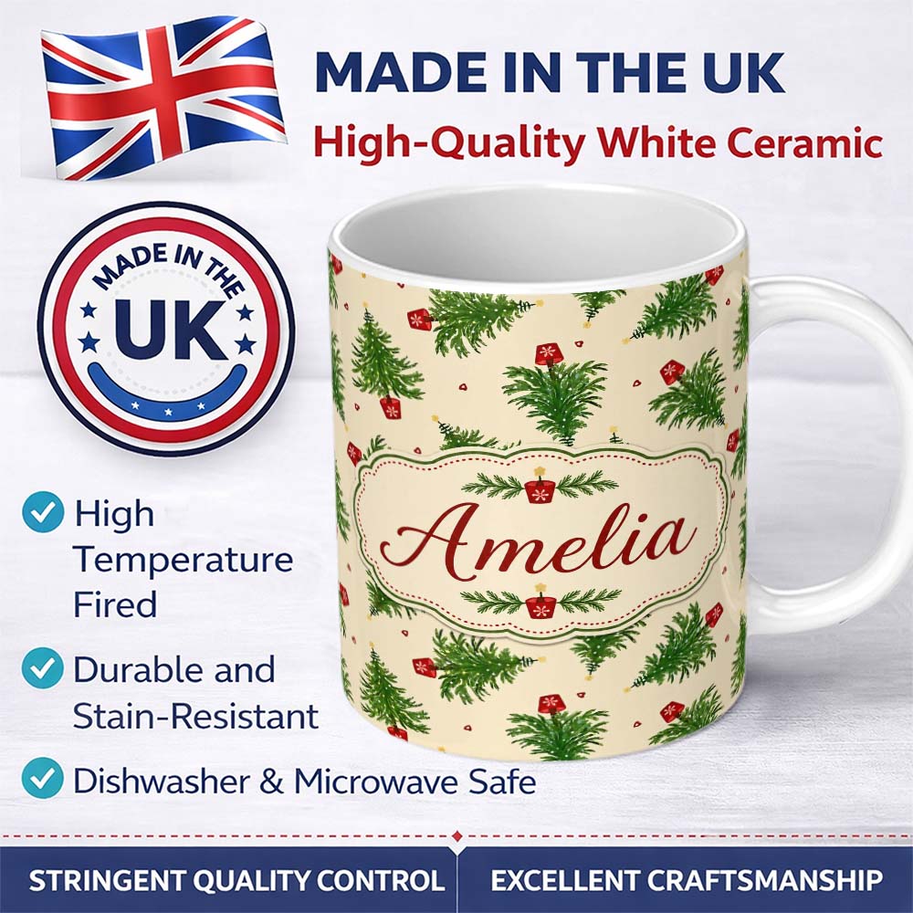 Personalized Custom Name Simple Green Christmas Trees Minimal Seamless Pattern Lovely 11oz Ceramic Coffee Tea Mug White Large Handle