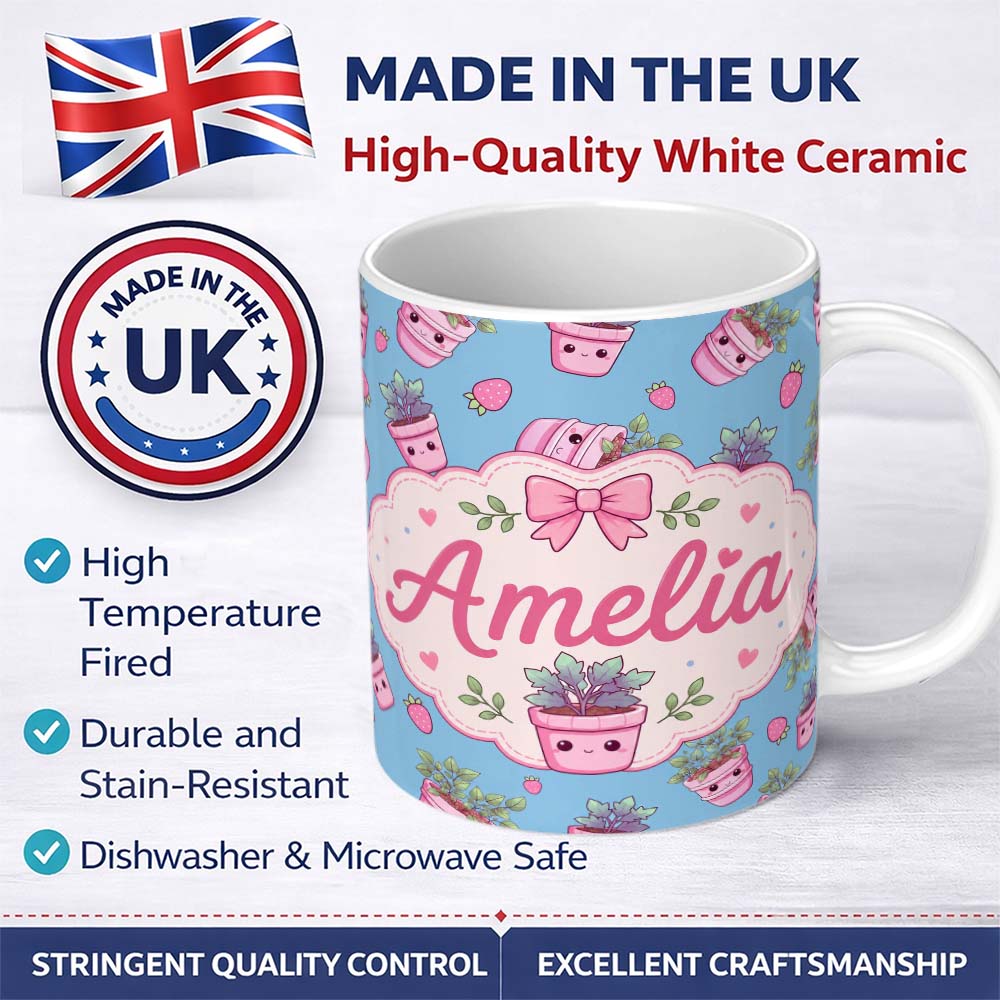Personalized Custom Name Cute Pink Plant Pots Leaves Strawberry Seamless Pattern Sky Blue 11oz Ceramic Coffee Tea Mug White Large Handle