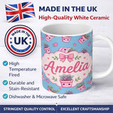 Personalized Custom Name Cute Pink Plant Pots Leaves Strawberry Seamless Pattern Sky Blue 11oz Ceramic Coffee Tea Mug White Large Handle