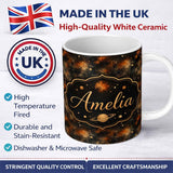 Personalized Custom Name Dark Brown Gold Nebula Galaxy Space Seamless Pattern Moody Cosmic 11oz Ceramic Coffee Tea Mug White Large Handle