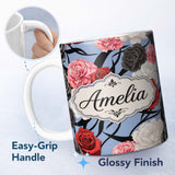 Personalized Custom Name Elegant Rose Floral with Black Red and White Flowers on Dusty Blue 11oz Ceramic Coffee Tea Mug White Large Handle