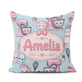 Custom Name Kawaii Tools Mixer Cake and Cupcake on Blue Seamless Square Filled Cushion Throw Pillow Sofa Bed Home Decor Zip Washable UK Made