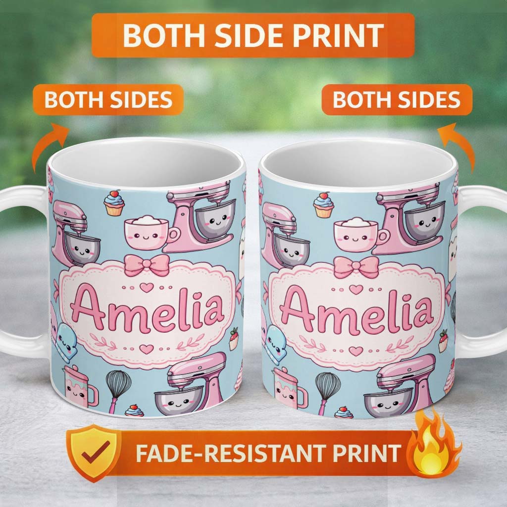 Personalized Custom Name Kawaii Baking Tools Mixer Cake and Cupcake on Blue Seamless Pattern 11oz Ceramic Coffee Tea Mug White Large Handle