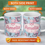 Personalized Custom Name Kawaii Baking Tools Mixer Cake and Cupcake on Blue Seamless Pattern 11oz Ceramic Coffee Tea Mug White Large Handle