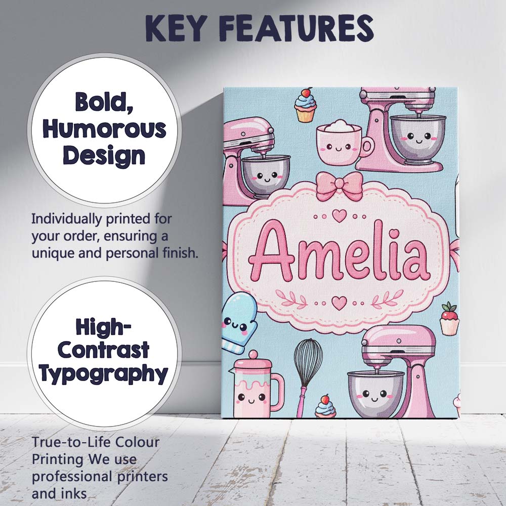Personalised Name Kawaii Baking Tools Mixer Custom  Bespoke Interior Contemporary Canvas Wall Art Print Decor Picture Ready to Hang