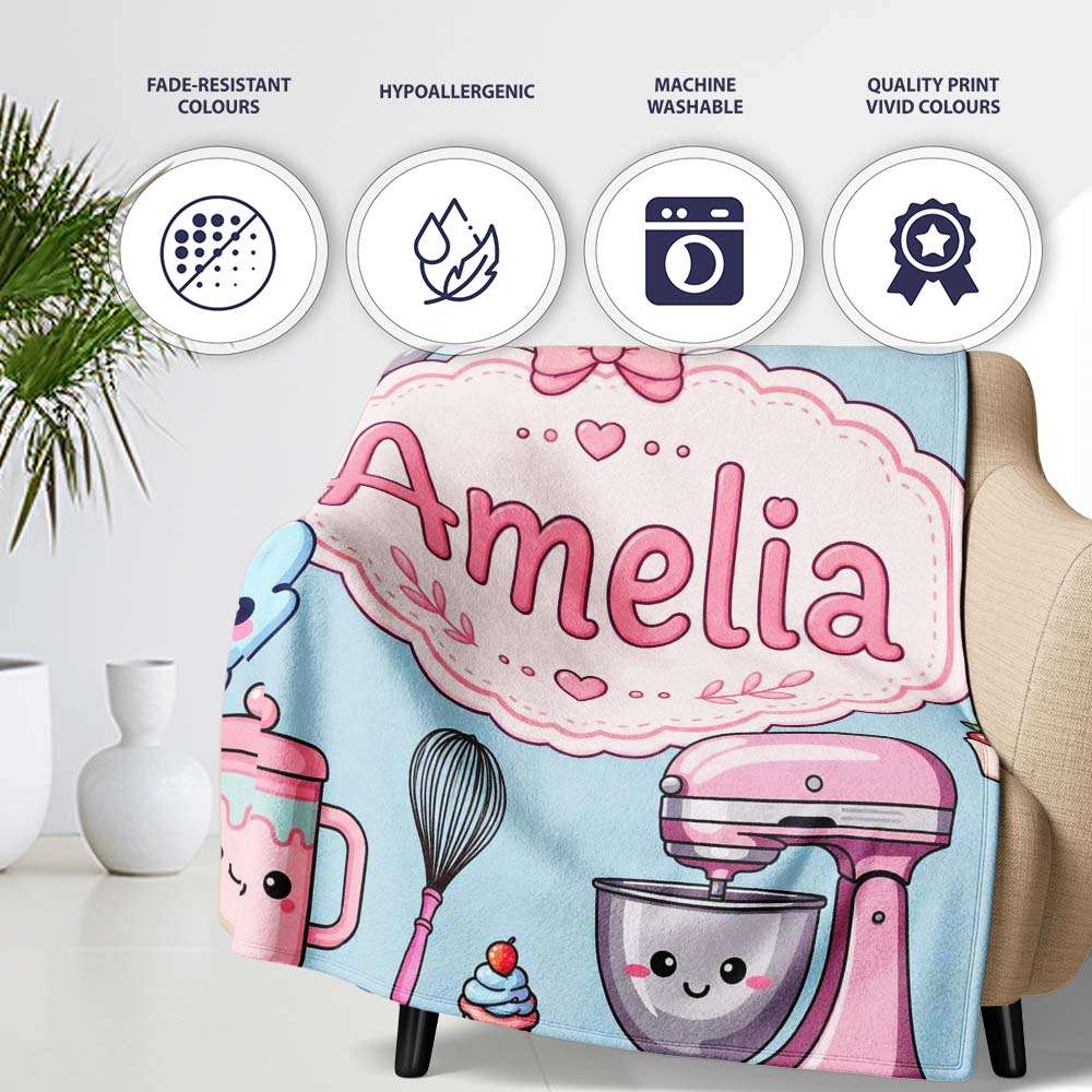 Kawaii Baking Tools Mixer Cake and Cupcake on Blue Seamless Pattern  Personalised Custom Name Super Soft Fleece Blanket Bed Sofa Throw