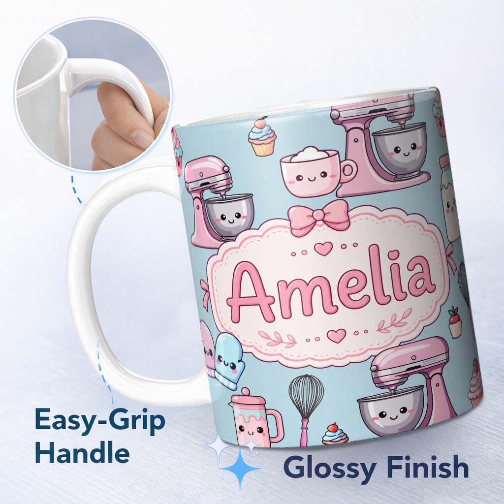 Personalized Custom Name Kawaii Baking Tools Mixer Cake and Cupcake on Blue Seamless Pattern 11oz Ceramic Coffee Tea Mug White Large Handle