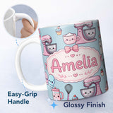 Personalized Custom Name Kawaii Baking Tools Mixer Cake and Cupcake on Blue Seamless Pattern 11oz Ceramic Coffee Tea Mug White Large Handle